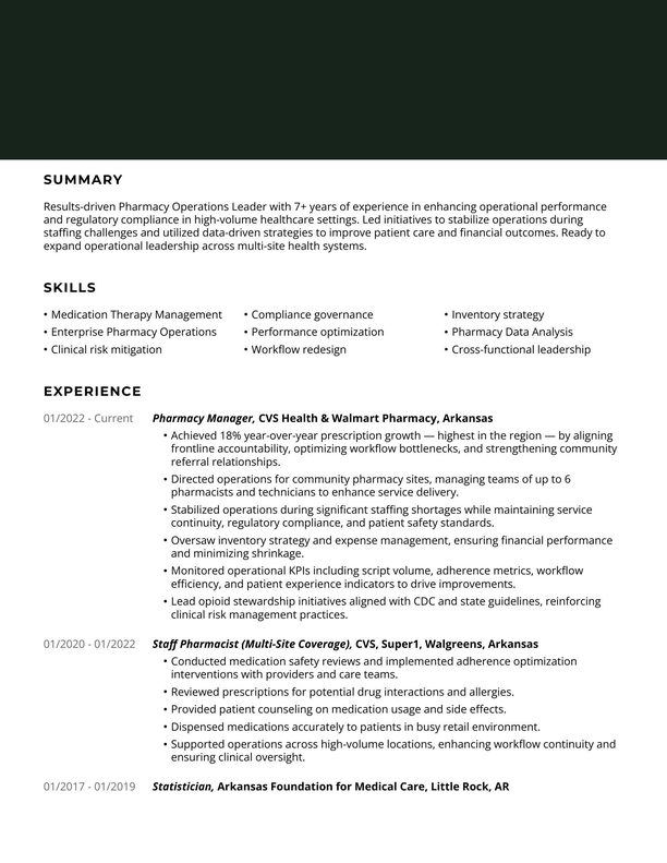 Sample resume: Pharmacy Operations Leader